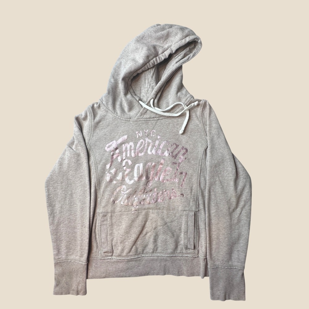 American Eagle Hoodie Womens M Tan Pink Metallic Foil Graphic Pullover EXCELLENT